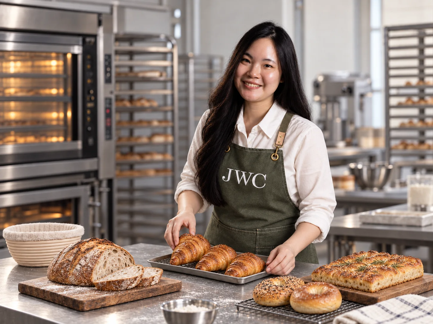 Siew Wei in a JWC apron with finished breads in the JWC Academy bakery kitchen