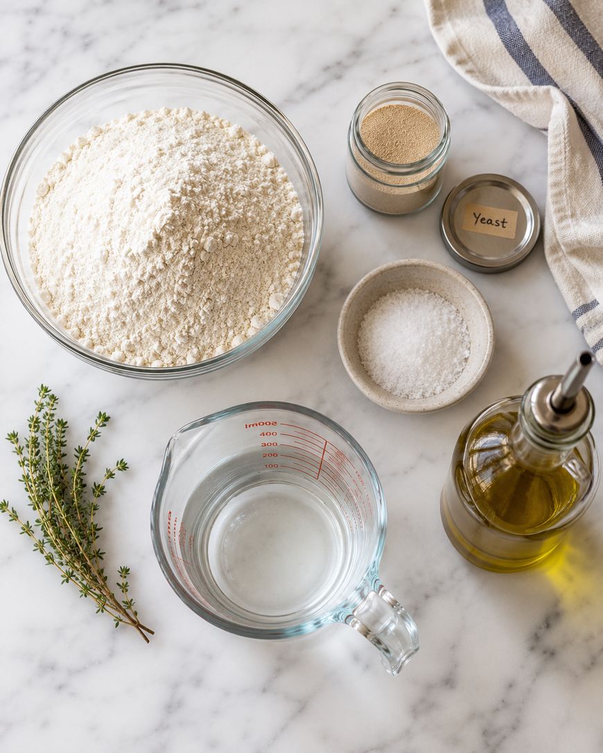 Bread ingredients arranged for learning hydration and fermentation