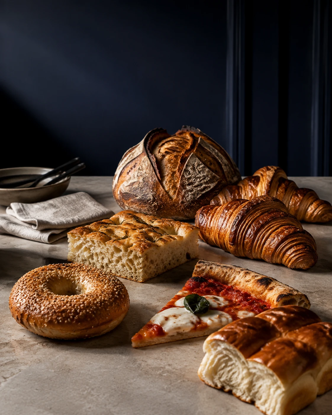 Art-directed concept visual of bagels, focaccia, pizza, soft bread, croissants and sourdough