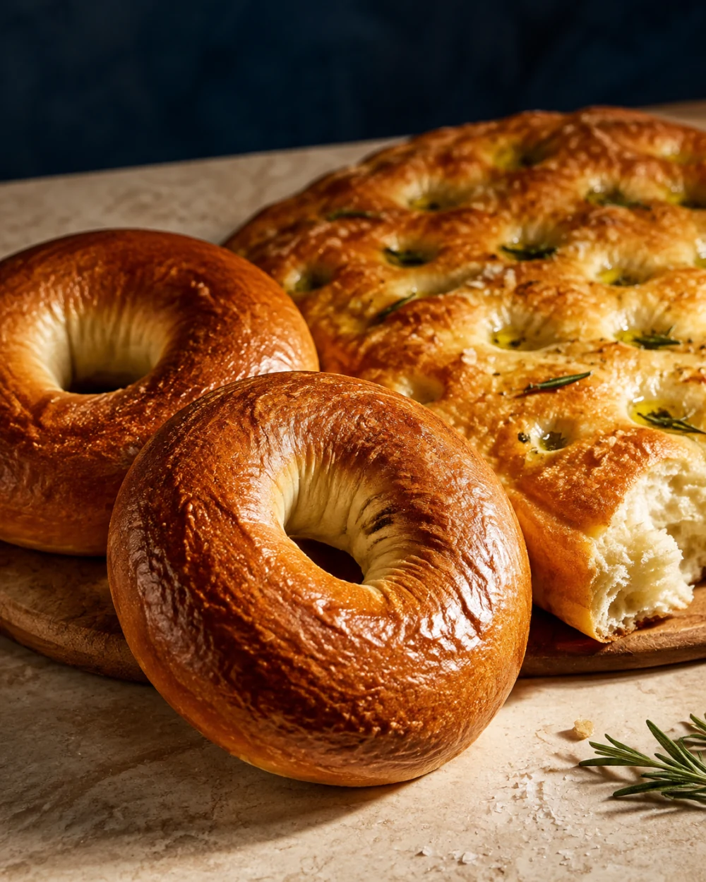 Premium concept visual of glossy bagels and rosemary focaccia for the BWC dough-foundations stage