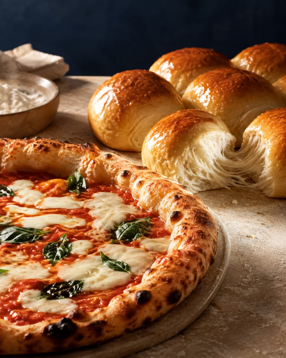 Premium concept visual of margherita pizza and pillowy soft bread for the BWC shaping stage