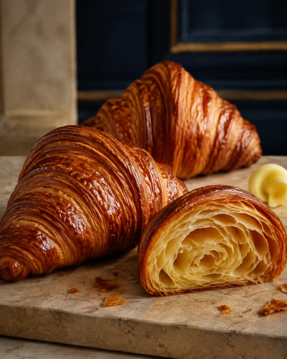 Premium concept visual of glossy laminated croissants for the BWC lamination stage