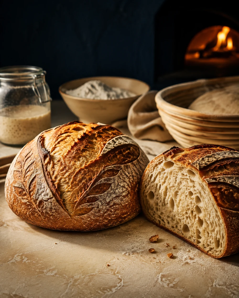 Premium concept visual of scored sourdough loaves and open crumb for the final BWC stage