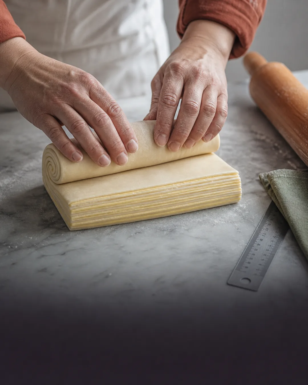 Hands controlling butter and dough during croissant lamination